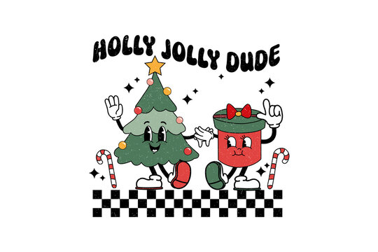  Holly jolly dude retro Christmas tree and gift box character graphic Sublimation Design
 