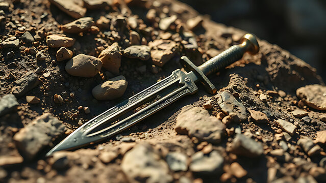 Ancient bronze dagger half-buried in cracked earth with stones.