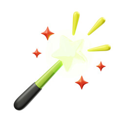 3D magic wand icon with glowing star tip and sparkles, wizard spell magic render © Generalis