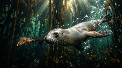 Fototapeta premium Mother sea otter floating on water and holding her sleeping baby pup