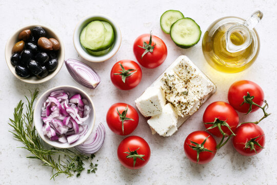 overhead view of mediterranean ingredients with olives feta and cucumber