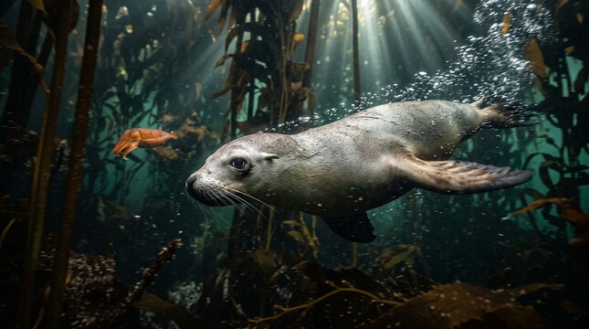 Curious sea lion swimming gracefully through a magical underwater kelp forest