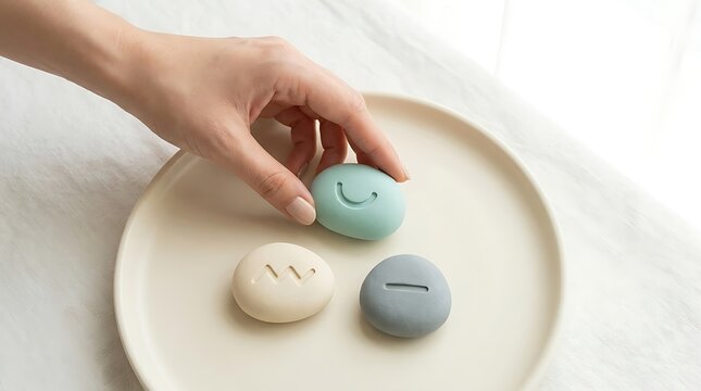 Hand reaching for colorful mochi on a ceramic plate with a neutral background