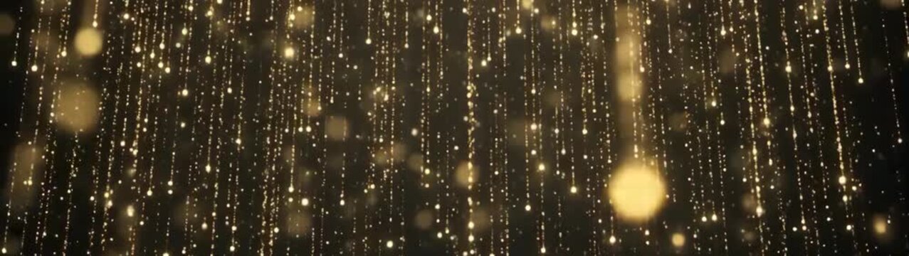 Luxury celebration and festive background golden glitter particles falling in slow motion elegant light streaks and bokeh effect for holiday events.