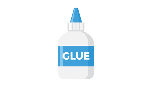 Simple flat vector illustration of a white and blue school glue bottle for craft, school, and office activities.
