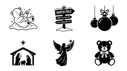 Naklejka premium Set of black and white Christmas icons featuring polar bear, directional sign, ornaments, nativity scene, angel, and teddy bear for holiday design projects on transparent background