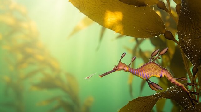 Stylized illustration of a weedy seadragon swimming in a kelp forest underwater