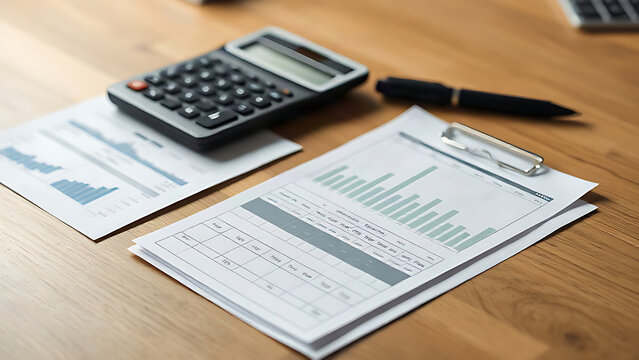 Professional workspace with a financial ledger and calculator on a wooden desk.