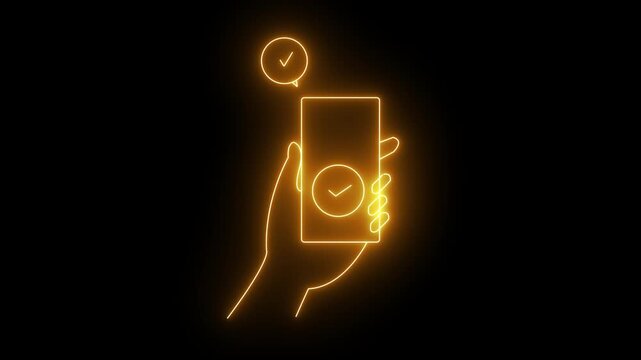 A futuristic bright yellow neon hand, isolated on a black background, holds a smartphone, accompanied by a ticked notification speech bubble symbolizing mobile success, payment approval.