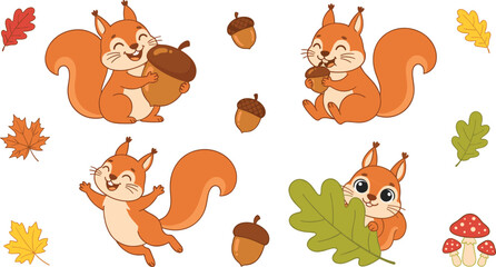 Obraz premium Cute squirrel vector illustration set featuring happy cartoon characters holding acorns, jumping, hiding behind green oak leaves, forest mushrooms, and autumn foliage.