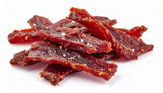 savory dried beef jerky strips snack isolated on white background