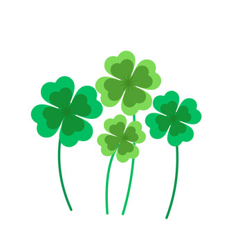 Four leaf clover set isolated on transparent background, lucky green shamrock plant clipart, St Patricks Day vector illustration