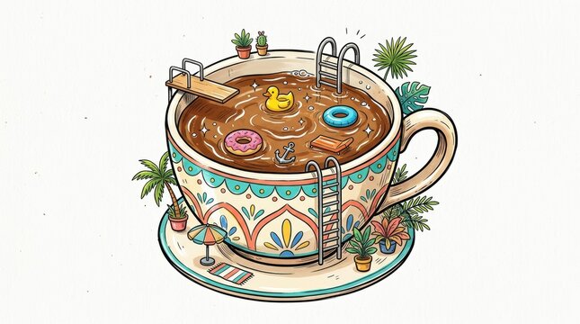A large decorative coffee cup transformed into a creative summer swimming pool with a diving board and ladder in a colorful artistic illustration