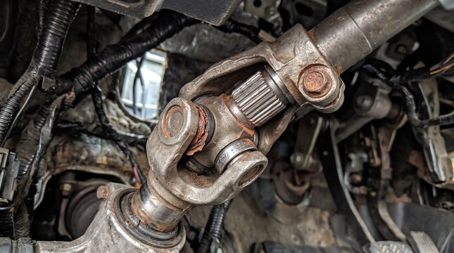 Rusty steering column universal joint mechanism under a vehicle dashboard. Featuring worn metal couplers and splined shafts during a mechanical steering system inspection and repair process.