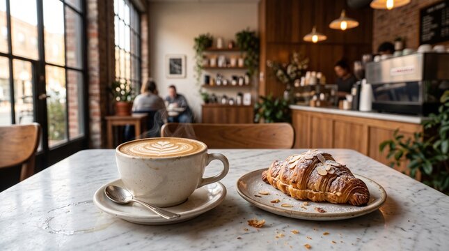 coffee shop interior cafe atmosphere coffee cup cappuccino art latte art hot coffee fresh croissant almond croissant pastry baked goods breakfast food morning routine cafe table
