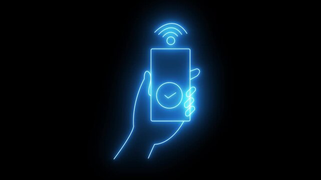 A futuristic bright blue neon hand, isolated on a black background, holds a smartphone, accompanied by a ticked notification speech bubble symbolizing mobile success, payment approval.