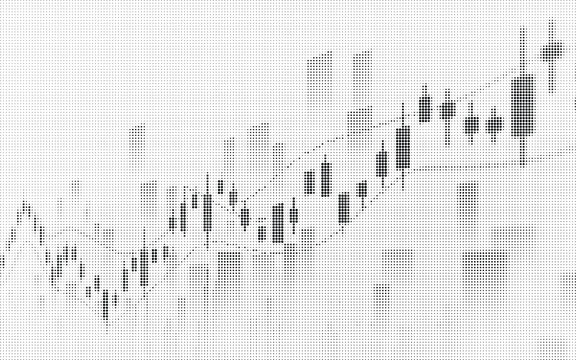 Abstract financial candle stick chart showing stock market price trends with halftone dot pattern design