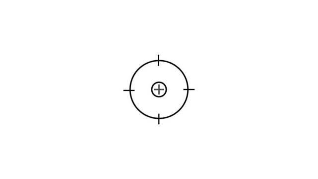 Minimalist black crosshair scope reticle with dual concentric circle rings and extending crosshair ticks against a solid white background. Target aiming reticle, precision weapon sight scope. 