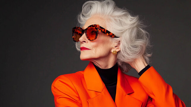 Fashionable Senior Woman With Silver Hair and Oversized Sunglasses