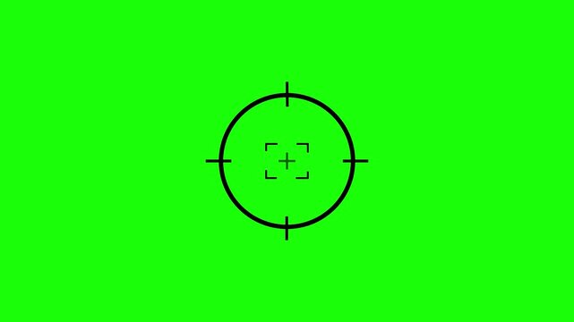 Minimalist black crosshair scope reticle with dual concentric circle rings and extending crosshair ticks against a solid green background. Target aiming reticle, precision weapon sight scope. 