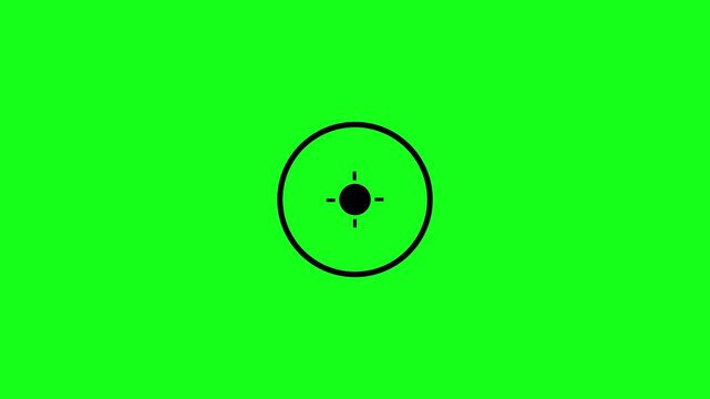 Black icon of a circular targeting reticle featuring a thick outer boundary ring and a central solid focus point anchored by four cardinal tick marks, set against a bright green chroma key background.