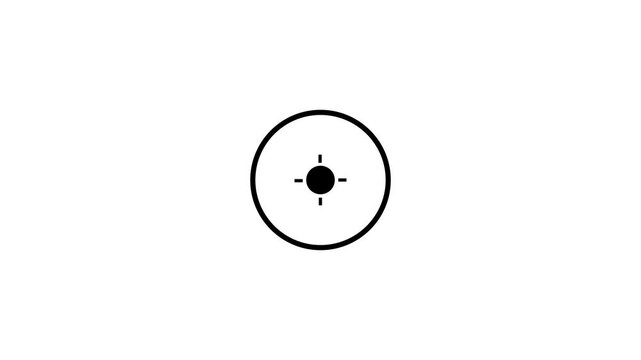 Minimalist black icon of a circular targeting reticle featuring a thick outer boundary ring and a central solid focus point anchored by four cardinal tick marks set against a plain white background. 