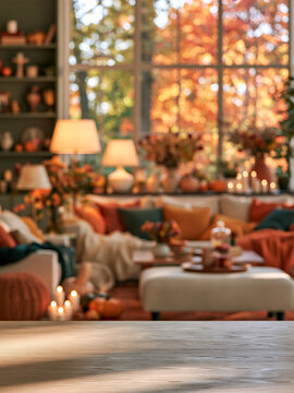 Cozy Autumn Living Room with Orange Foliage Window Warm Lamps and Blurred Interior for Seasonal Display