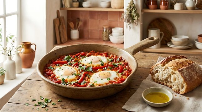 Delicious shakshuka with eggs and tomatoes in a frying pan on a rustic wooden kitchen table counter. Hebrew cuisine recipes