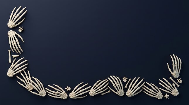 Human skeletal remains arranged in the shape of the letter l against dark background