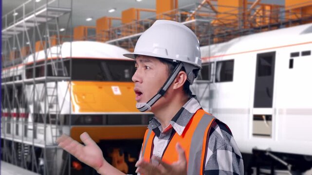 Close Up Side View Of Ondering Asian Male Engineer With Safety Helmet Saying Why Working Doubtfully at Train Locomotives Maintenance Depot Scaffolding