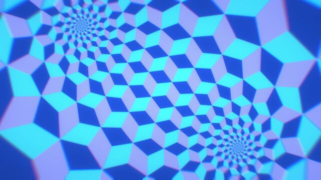 Cyan cubes vortex through an infinite optical illusion tunnel in a mesmerizing 3D animation with cool blue periwinkle geometric shapes for tech presentations