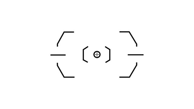 Minimalist black of a focus tracking sight reticle featuring outer framing brackets, inner horizontal crosshairs, and a central circular bullseye target set against a plain white background. 