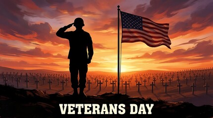 Naklejka premium Silhouette of a saluting soldier with an american flag at sunset honoring veterans