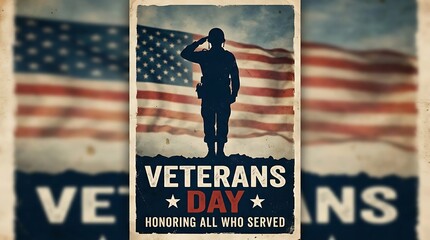 Naklejka premium Saluting soldier standing before waving american flag honoring veterans day