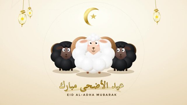 Eid al Adha Animated Background featuring Cute Sheep Characters Golden Lanterns and Islamic Geometric Patterns Vector
