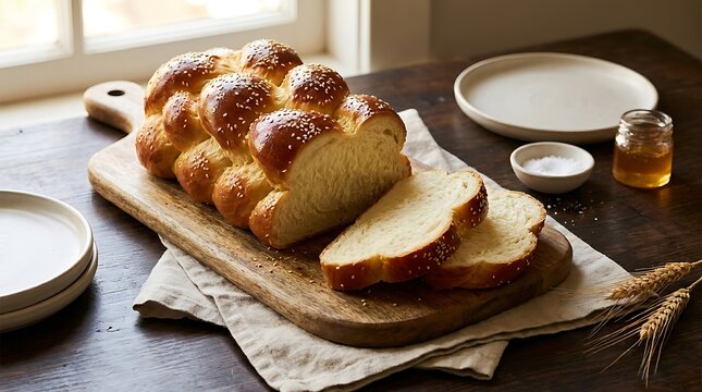 Fresh braided challah bread loaf sliced on a wooden cutting board with honey on a dark table surface. Hebrew cuisine recipes