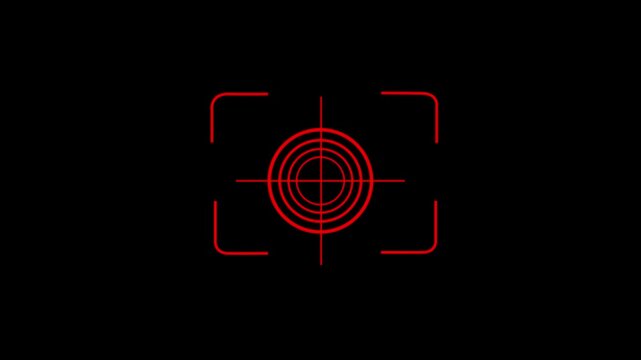 Glowing neon red icon of a bullseye crosshair reticle enclosed in viewfinder frame corners against a black background. Animated camera focus reticle, target acquisition.
