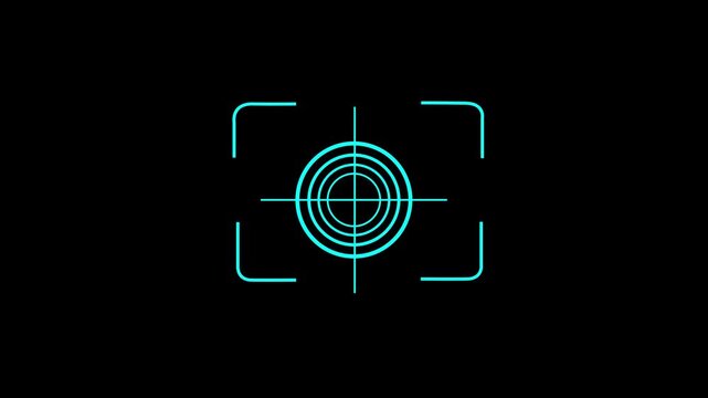 Glowing neon cyan icon of a bullseye crosshair reticle enclosed in viewfinder frame corners against a black background. Animated camera focus reticle, target acquisition.