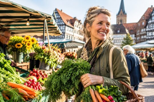 L&auml;chelnde Frau kauft frisches Gem&uuml;se auf einem sonnigen Wochenmarkt in historischer deutscher Altstadt. Regionalit&auml;t, Lebensfreude und bewusster Konsum im Alltag.