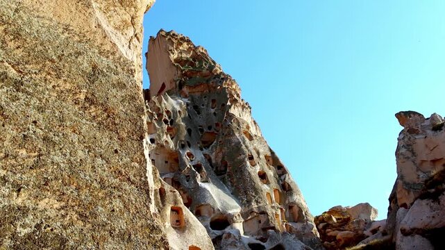 Rock Formations and Cave Houses in Uchisar, Cappadocia, Turkey, Asia
