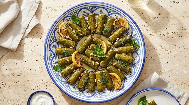 Stuffed grape leaves on a decorative patterned plate with lemon slices on a rustic wooden table top. Hebrew cuisine recipes