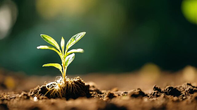 Young seedling grows in fertile soil under warm sunlight. Green plant symbolizes nature, growth, renewal, and sustainable future. Macro view captures resilience and hope in spring garden.