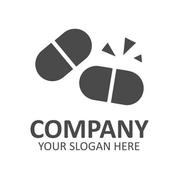 Minimalist medical logo design featuring two pill capsules with sparkles