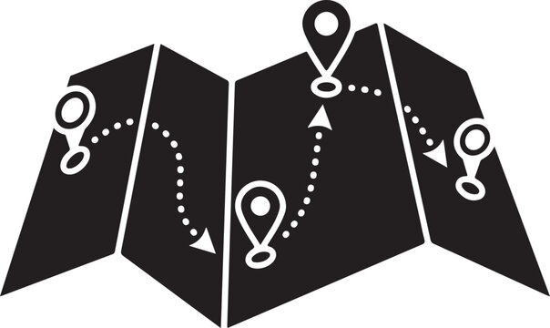 Folded map with multiple location route pins travel direction icon isolated vector illustration graphic