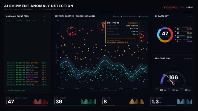 A 4K cinematic dark-mode AI shipment anomaly detection screen visualizing anomaly severity with interactive tooltips and real-time event feed for monitoring logistics.