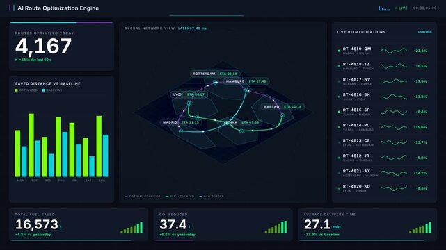 Explore an advanced AI-powered route optimization dashboard in dark mode, showcasing a 3D world map with glowing routes and real-time delivery metrics for enhanced logistics efficiency.