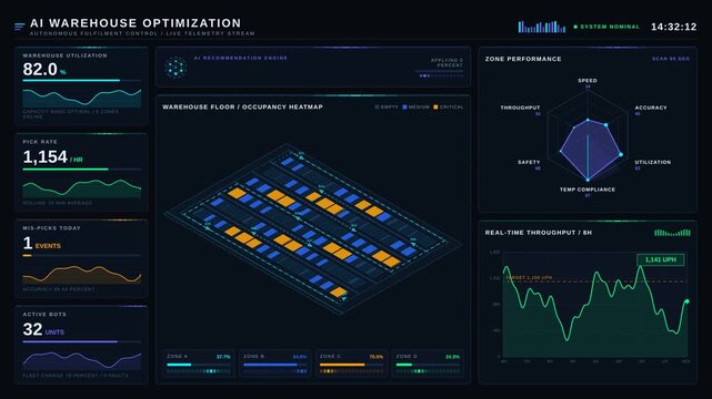 An advanced dark-mode warehouse optimization interface showcasing a detailed isometric floor plan with animated robots and performance metrics in a high-tech environment.