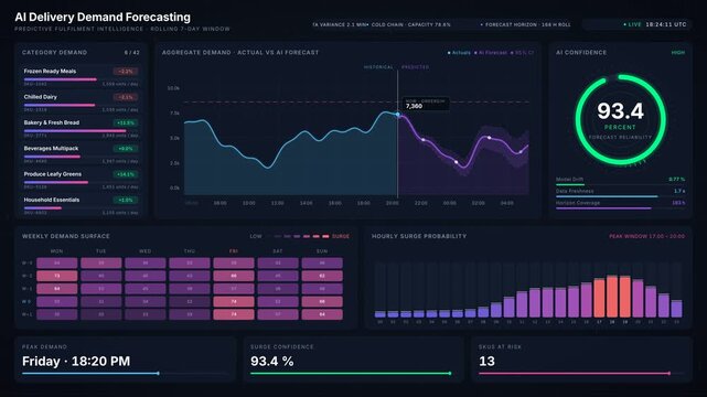 An advanced dark-mode analytics dashboard visualizing AI delivery demand forecasting with detailed area charts, product categories, and KPI metrics in a modern design.