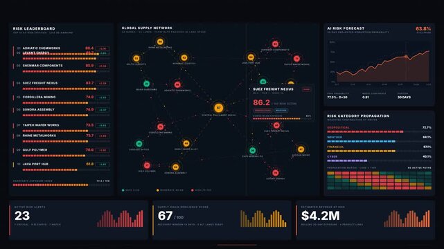 A dark-mode 4K risk analytics command screen showcases a global supply chain network graph with glowing nodes and animated risk indicators, highlighting potential disruptions and KPIs.