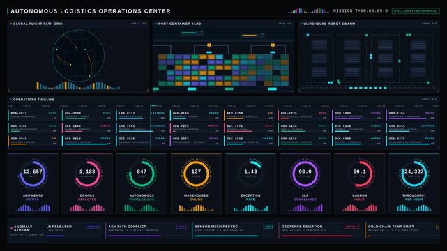 Experience the immersive design of an Autonomous Logistics Operations Center with a cinematic dark-mode dashboard featuring real-time data visualizations and KPI metrics.
